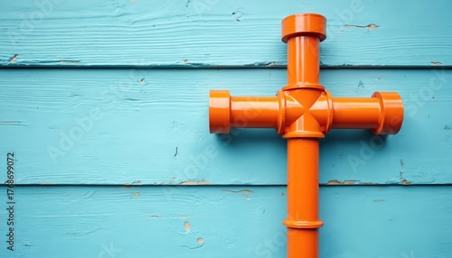 Orange metal pipe junction forms cross shape. Pipes connect on weathered blue wooden wall. Industrial construction element with visible texture. Bright color contrast.