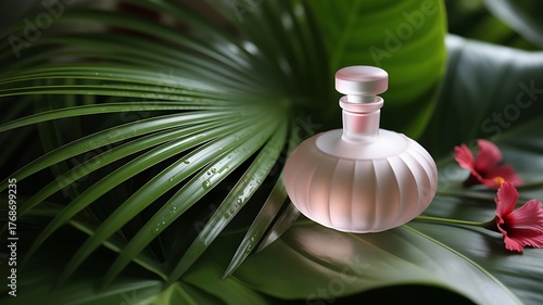 Fototapeta Naklejka Na Ścianę i Meble -  A delicate pink perfume bottle nestled amongst lush green tropical leaves and delicate pink flowers
