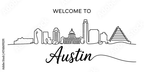 Minimalist continuous line drawing of austin skyline welcome art vector