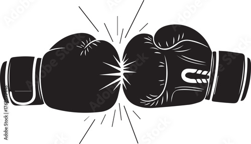 Two black boxing gloves clash together creating a sparkle effect symbolizing competition and fighting spirit