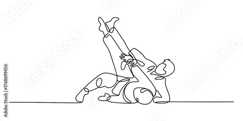 Dynamic continuous one line drawing of a martial arts grapple and throw vector