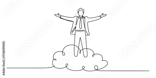 Minimalist single line drawing of a businessman launching upwards on a cloud in a stylized abstract art style vector