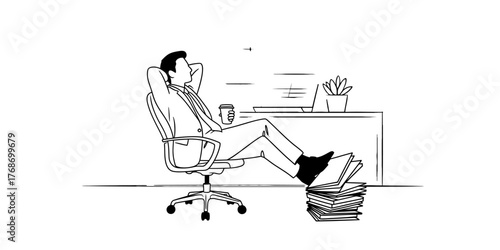 Continuous one line drawing of a relaxed man sitting in office chair with feet up vector