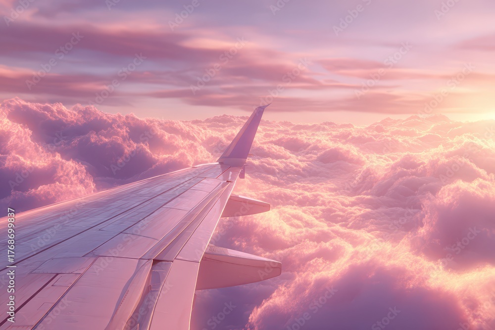 Fototapeta premium Airplane wing above vibrant pink and purple clouds during a beautiful sunset.