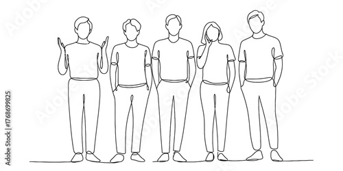 Minimalist continuous line drawing of five people standing together in a group portrait vector