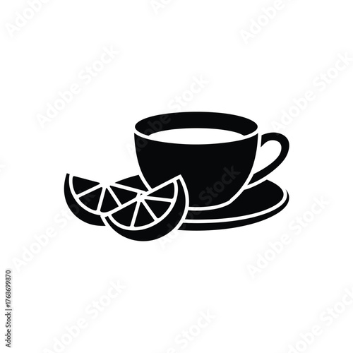 Black silhouette of a cup of tea with lemon slices on a saucer
