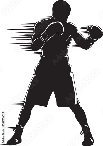 Silhouette of a boxer in a fighting stance with dynamic brush stroke effect for action and sport