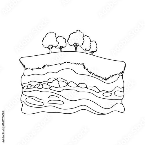 Cross section of earth layers with trees on top in line art