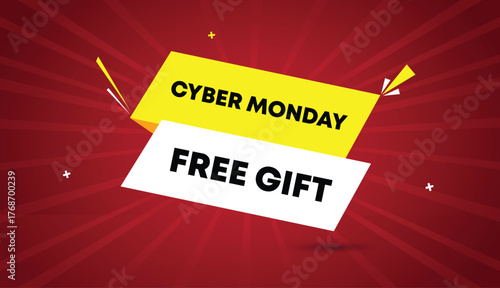 cyber monday free gift web banner vector art template design badge icon label yellow white shapes black bold text dark red light sun shine abstract business background modern style graphic layout sale