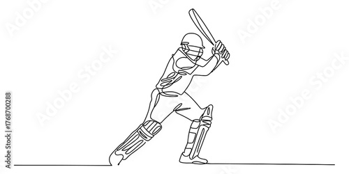 Continuous line drawing of a cricketer batting action sports art vector