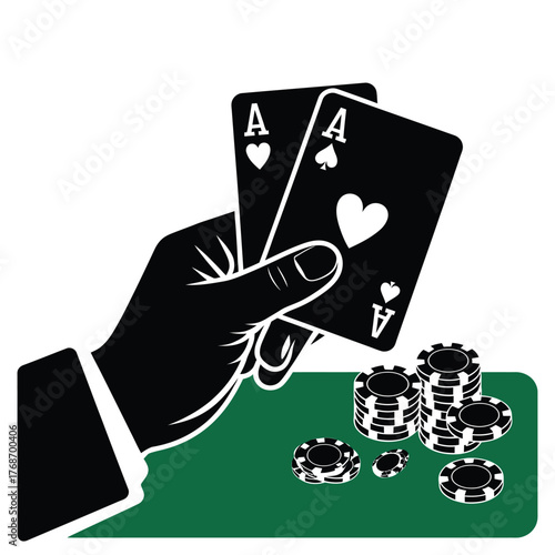 Hand holding two aces over poker chips on a green table