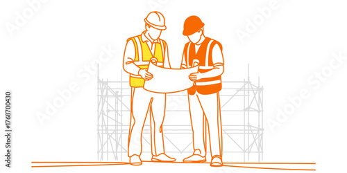 Continuous one line drawing of construction workers collaborating on plans construction site scene vector
