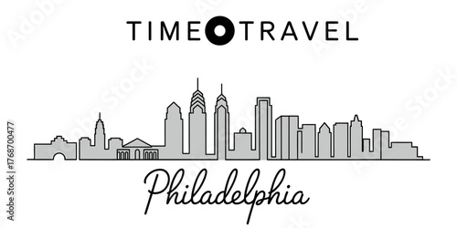 Continuous one line drawing of philadelphia skyline with time travel text vector
