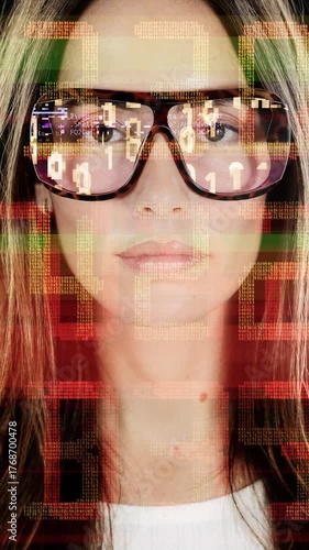 a pretty female with glasses with code in vertical