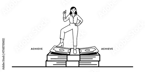 Single continuous line drawing of a woman standing victoriously on books and rocks vector