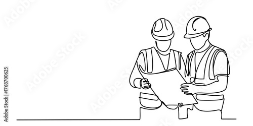 Continuous line drawing of two construction workers reviewing blueprints in a collaborative effort vector