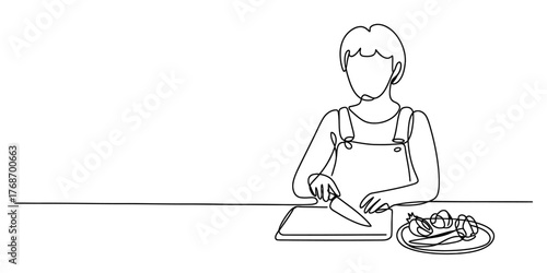 Continuous line drawing of a person preparing food on a cutting board with a knife vector