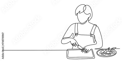Continuous line drawing of a person preparing food at a table minimalist sketch style vector