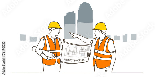 Minimalist continuous line drawing of construction workers discussing blueprints amidst cityscape buildings vector