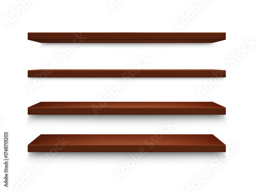 Realistic wooden shelves. Empty brown wood store product shelf, realistic wall bookshelf with shadow. Library, shop storage and home furniture. Isolated 3D realistic vector template.