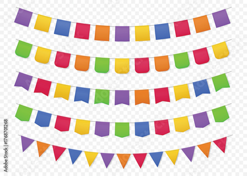 Color bunting flags. Birthday party carnival paper banner garland. 3D realistic festive kids holiday decoration, decorative vintage border. Vector festoon isolated mockup.