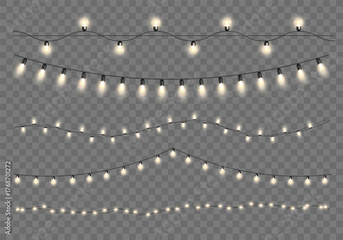 Christmas light garlands. Light bulbs on string border Xmas, New Year and carnival party, winter holiday decoration. Glowing LED lamps frame. Vector 3D realistic isolated set.