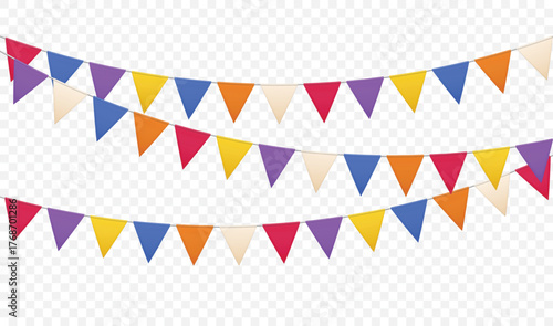 Color bunting triangle flags. Festive garland with paper pennants for carnival and birthday party, anniversary celebration. 3D realistic vector isolated set.