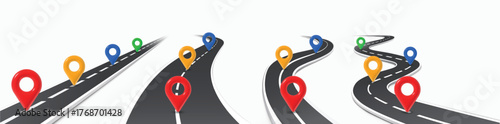 Winding 3d road with pins. Business journey map infographic, wavy way in perspective view. Abstract travel street, workflow process chart, timeline. Vector flowchart templates.