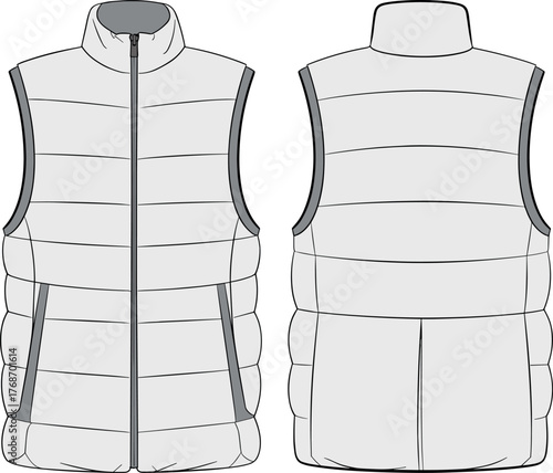 Puffer, vest, sleeveless, quilted, fashion, vector, illustration, front, back, sketch, outline, zipper, collar, padded, casual, garment, stylish, design, outdoor, utility, warm