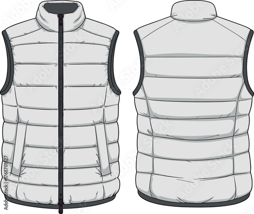 Puffer, vest, sleeveless, quilted, fashion, vector, illustration, front, back, sketch, outline, zipper, collar, padded, warm, casual, garment, stylish, design, outdoor, utility