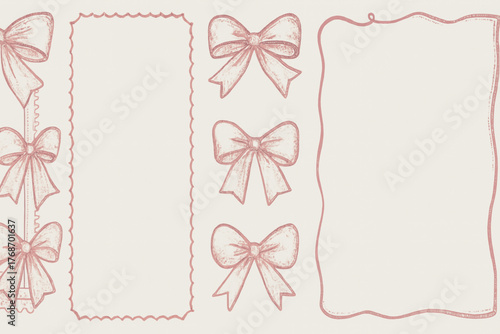 Vintage bows frame with laces for greeting cards, wedding and birthday party, picnic invitations in cute elegant coquette style. Hand drawn ribbons border illustration for social media template.
