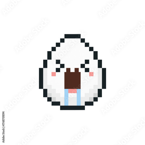 Expressive pixel art onigiri character conveys sadness and emotion, a digital illustration with retro gaming style appeal, perfect for creative projects