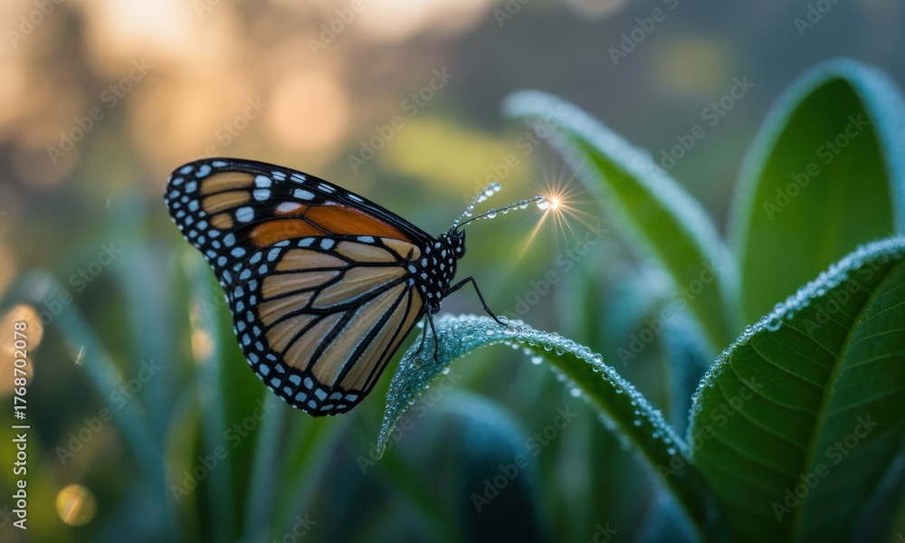 Fototapeta premium Monarch butterfly rests on dewy leaves at dawn