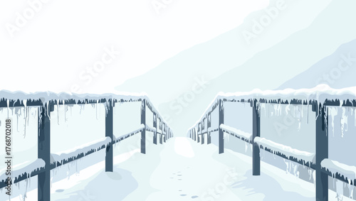 Snowy bridge covered in sleet on metal railing with footprints fading into mist, concept of winter stillness and solitude