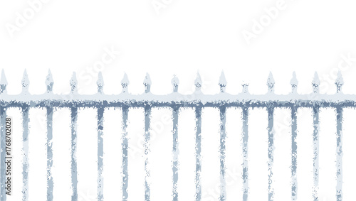 Frosted iron fence with sharp spikes and sleet on metal railing against white background, concept of cold isolation and rigidity