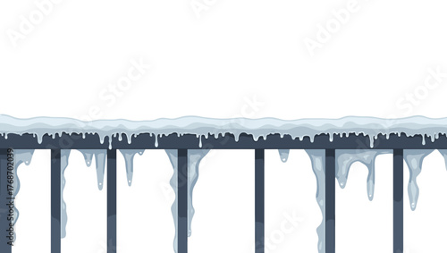 Sleet on metal railing with melting icicles and soft white snow, concept of transition between frost and thaw