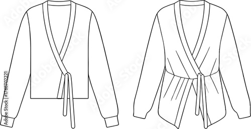 Wrap top sketch, fashion illustration, V-neckline, tie waist, long sleeves, asymmetrical hem, garment design, technical drawing, blouse variation, stylish silhouette