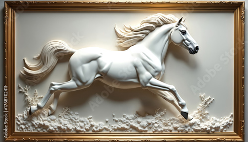 White horse bas relief sculpture in gold frame. Elegant steed gallops with dynamic movement. Artwork features intricate detail and luxurious classic style, adding prestige and beauty to interiors.