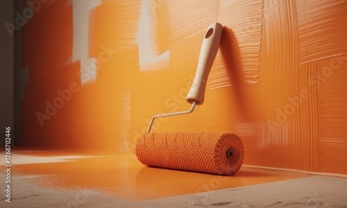 Orange paint roller on a freshly painted orange wall