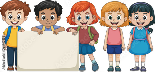 Cartoon children, blank sign, school students, cheerful kids, colorful outfits, backpacks, education concept, smiling faces, isolated, white background