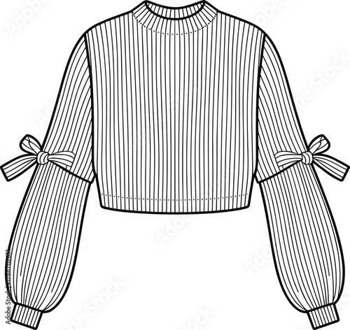 Cropped blouse, pinstripe fabric, fashion sketch, bow detail, voluminous sleeves, round neckline, garment design, technical illustration, isolated, vector drawing