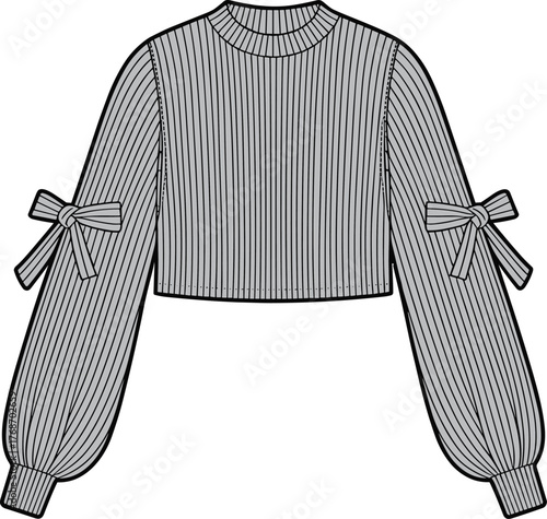 Cropped blouse, pinstripe fabric, fashion sketch, voluminous sleeves, bow detail, round neckline, garment design, technical illustration, isolated, vector drawing