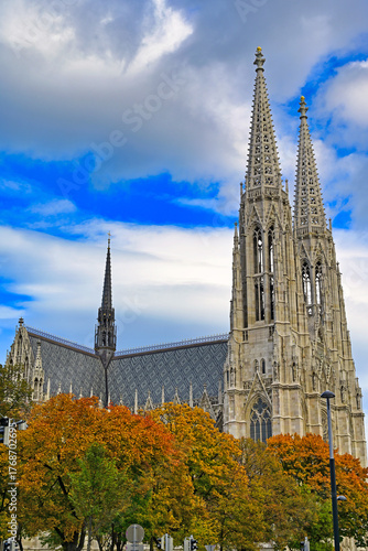 Photography Votive Church towers in Vienna, Austria, autumn season