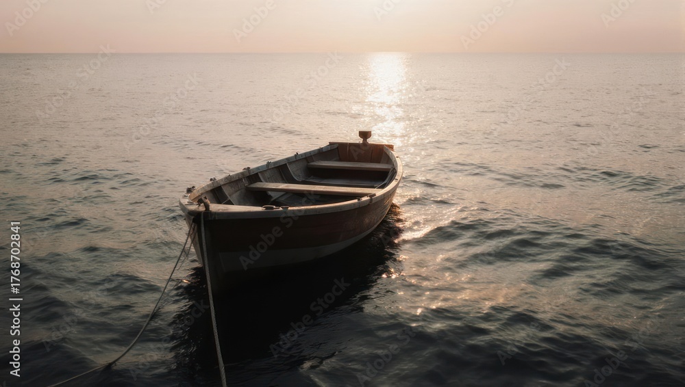Naklejka premium Solitary Boat Drifting on Calm Waters at Sunset.
