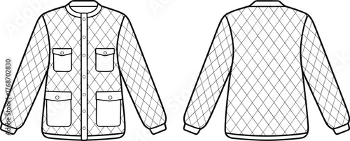 Quilted jacket sketch, front and back view, button closure, patch pockets, diamond pattern, fashion design, garment construction, technical illustration