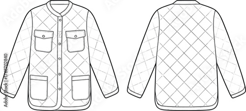Quilted jacket sketch, front and back view, button closure, patch pockets, diamond pattern, fashion flat, garment construction, technical illustration