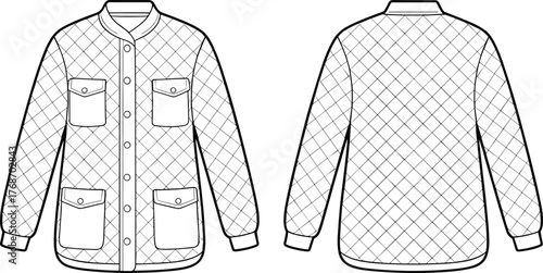 Quilted jacket sketch, front and back view, button closure, patch pockets, ribbed cuffs, diamond pattern, fashion design, garment construction, technical illustration