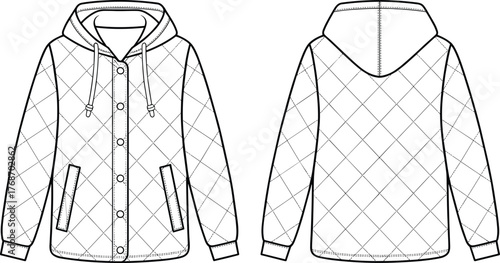Quilted jacket, hooded coat, technical sketch, fashion illustration, front view, back view, garment design, outerwear template, isolated, vector drawing