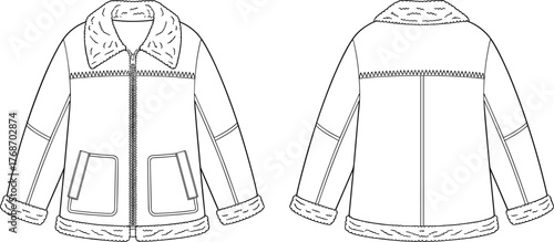 Shearling jacket, fashion sketch, front view, back view, fluffy collar, patch pockets, garment design, technical illustration, isolated, vector drawing