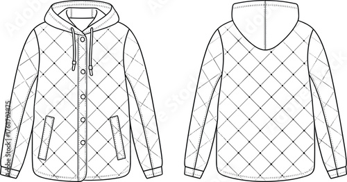 Quilted jacket, hooded coat, technical sketch, fashion template, front view, back view, garment design, outerwear drawing, isolated, vector illustration